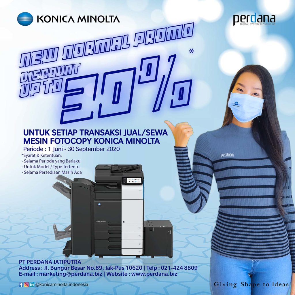 NEW NORMAL PROMO DISCOUNT UP TO 30% UNTUK SETIAP TRANSAKSI JUAL/SEWA MESIN FOTOCOPY KONICA MINOLTA Periode : 1 Juni - 30 September 2020